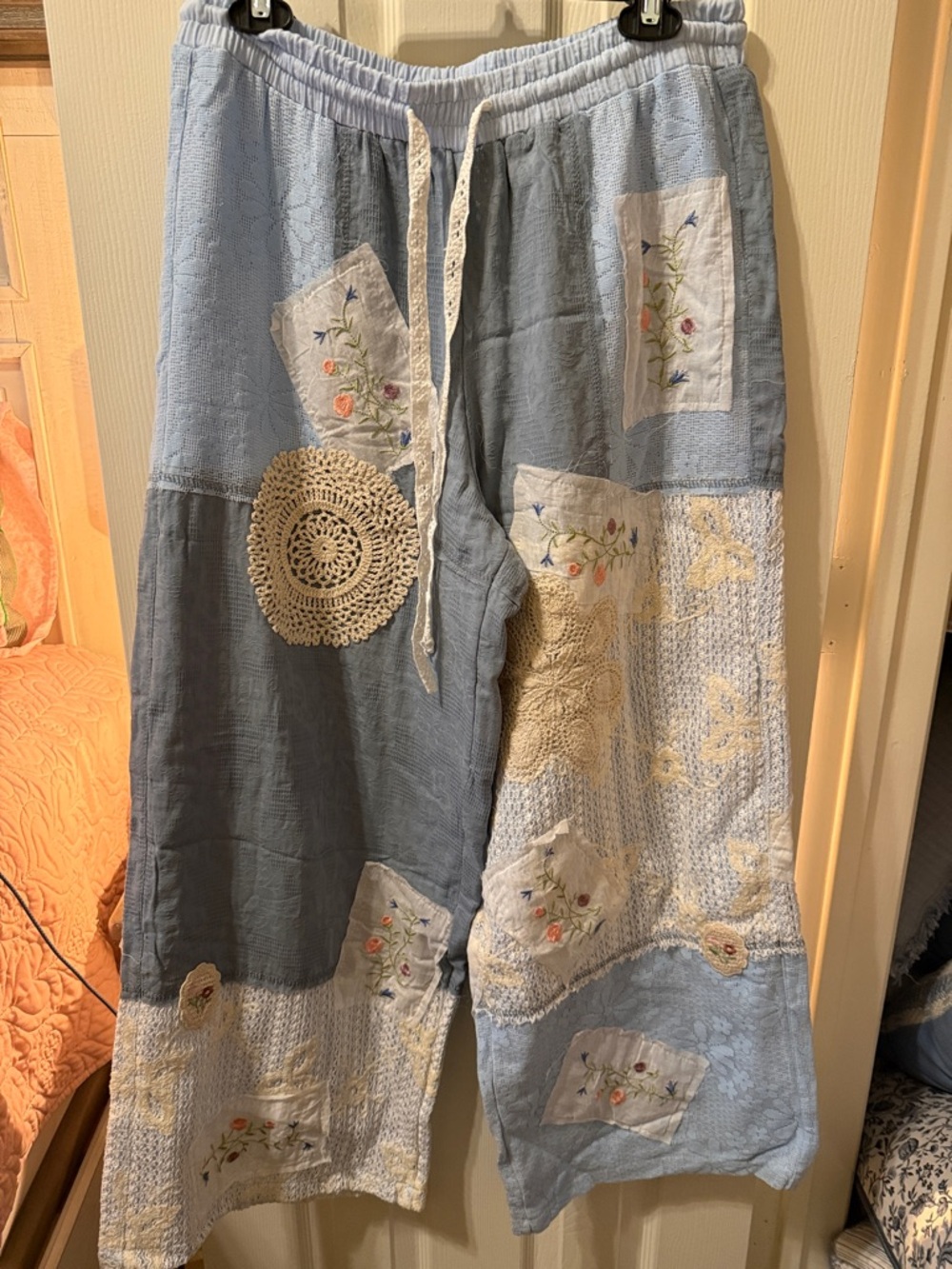 Bohemian Patchwork Wide-Leg Pants in Light Blue